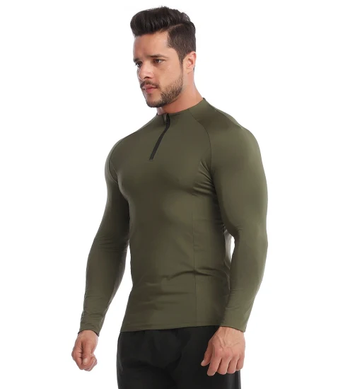 Abbigliamento all'ingrosso Camicia sportiva a compressione a maniche lunghe con colori a contrasto verde/nero di nuovo design con fondo diviso